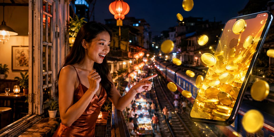Người dùng Hà Nội chơi casino trực tuyến trên điện thoại tại quán cà phê buổi sáng