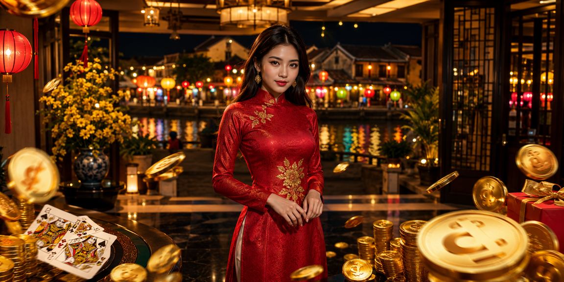Người dùng mặc áo dài tại Hội An chơi game bài truyền thống trong không khí lễ hội đèn lồng