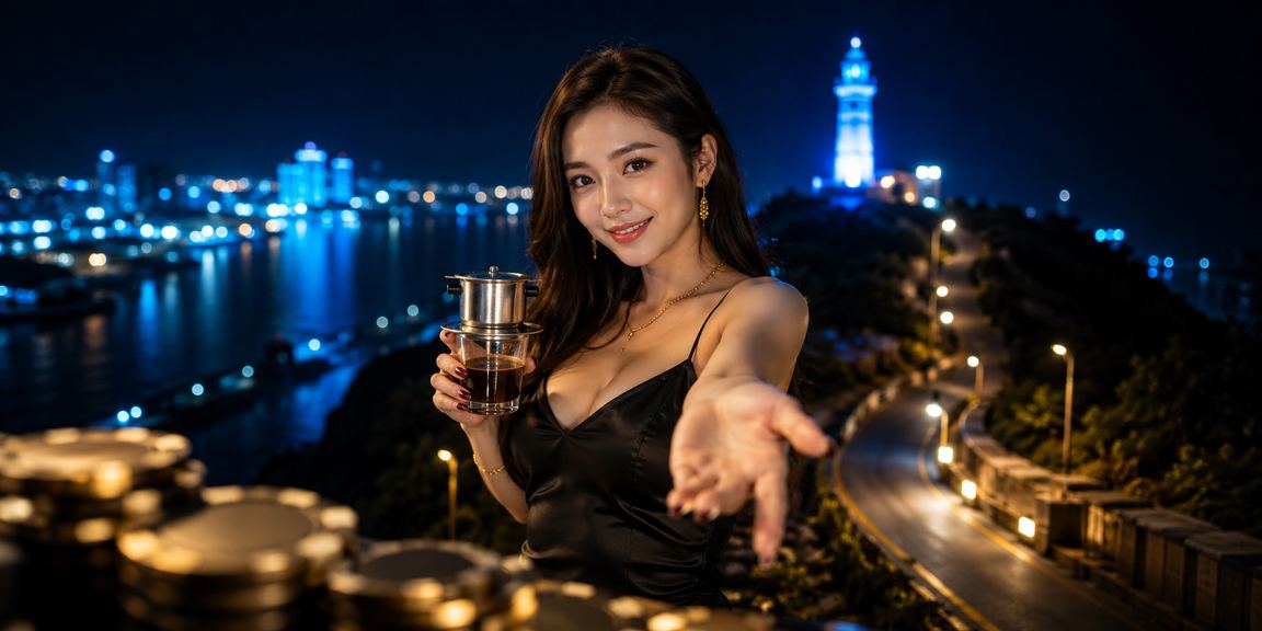 Người dùng Vũng Tàu uống cà phê biển và chơi game casino trên điện thoại buổi sáng